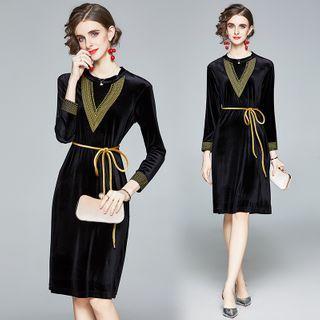 Long-sleeve Two Tone Sashed Dress