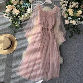 Square-neck Long-sleeve Mesh Dress