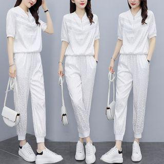 Set Of 2 - Short-sleeve Top + Sports Pants