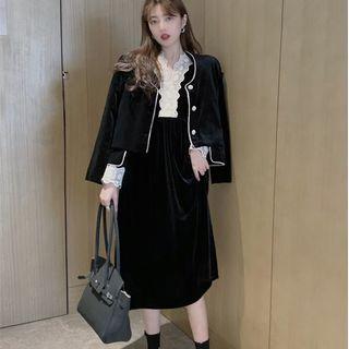 Long-sleeve Midi A-line Velvet Dress / Jacket