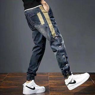 Drawstring Button Color Block Jeans