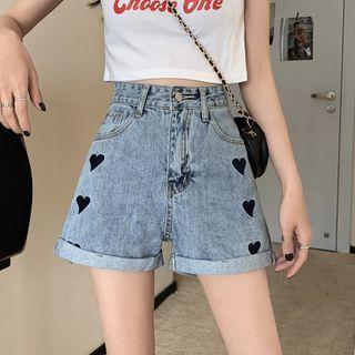 High-waist Heart Embroidered Denim Wide-leg Shorts