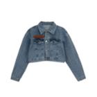 Applique Cropped Denim Button Jacket Blue - One Size