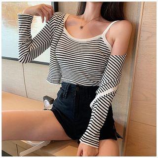 Set: Spaghetti Strap Striped Top + Cropped Light Jacket