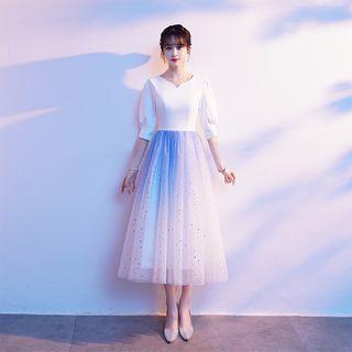 Elbow-sleeve V-neck Midi Cocktail Dress