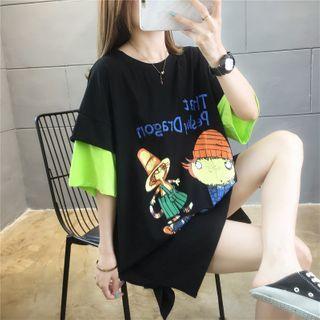 Mock Two-piece Cartoon Print Elbow-sleeve Mini T-shirt Dress