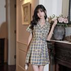 Short-sleeve Double-breasted Gingham Shirtdress