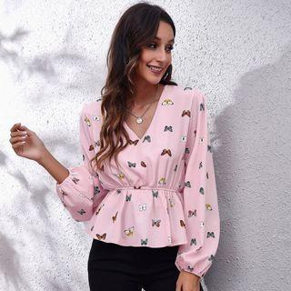 Balloon-sleeve Butterfly Print Peplum Blouse