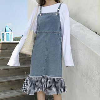 Gingham Panel Spaghetti Strap Denim Pinafore