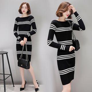 Long-sleeve Stripe Sheath Knit Dress