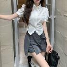 Short-sleeve Drawstring Shirt / Bow Accent Mini Pencil Skirt