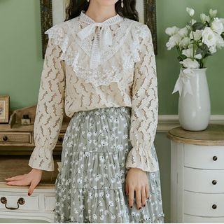 Lace Ruffle Trim Long-sleeve Blouse