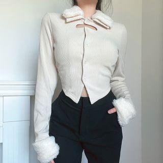 Long-sleeve Fluffy Collar Button-up Crop Top