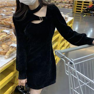 Puff-sleeve Asymmetric Buckled A-line Dress