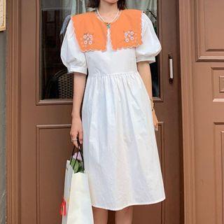 Puff-sleeve Collar Flower Embroidered Smock Dress