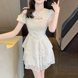Short-sleeve Beaded Lace Mini A-line Dress