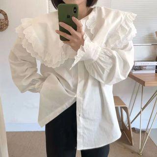 Puff-sleeve Frill Trim Shirt White - One Size