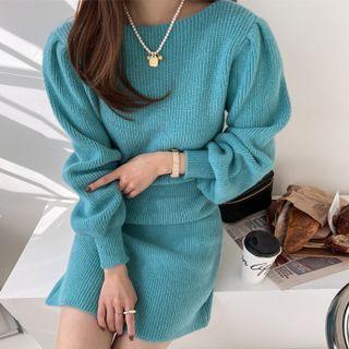 Bishop-sleeve Rib-knit Dress
