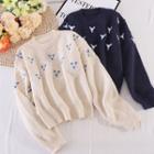 Embroidered Flower Lantern-sleeve Knit Sweater