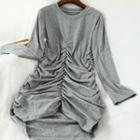 Long-sleeve Crinkled Mini Sheath T-shirt Dress