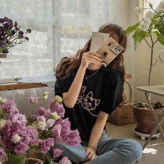 Puff-sleeve Cat Embroidery T-shirt Black - One Size