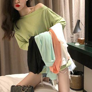 Long-sleeve Plain Crew-neck Loose-fit T-shirt