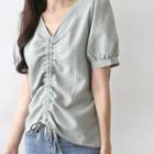 V-neck Puff-sleeve Drawstring Blouse