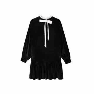 Long-sleeve Tie-back Velvet Dress