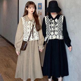 Puff-sleeve Midi Shirtdress / Patterned Knit Vest