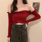 Long-sleeve Off-shoulder Frill Trim Cropped Knit Top