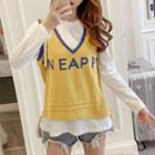 Set: Long-sleeve T-shirt + Contrast Trim Letter Vest