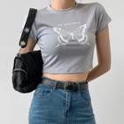 Butterfly-print Slim Crop T-shirt