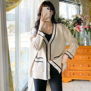 Dual-pocket Contrast-trim Cardigan