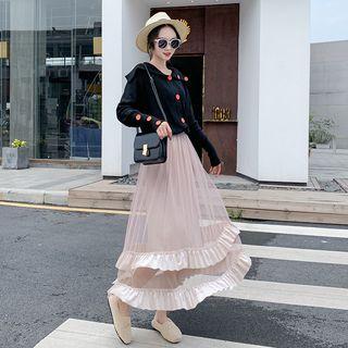 Sweater / Cardigan / Midi A-line Mesh-overlay Skirt / Set