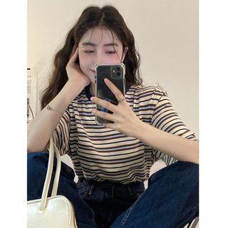Short-sleeve Striped T-shirt Stripes - Coffee & Blue & Almond - One Size