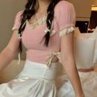 Short-sleeve Lace Trim Knit Top Pink - One Size