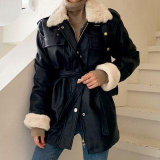 Faux-fur Lined Pleather Shirt Jacket With Sash Black - One Size