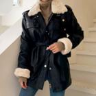 Faux-fur Lined Pleather Shirt Jacket With Sash Black - One Size