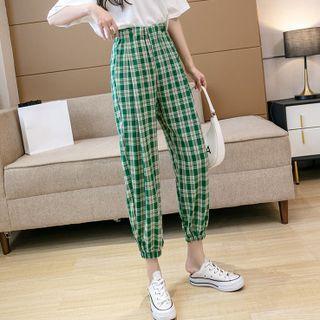 High-waist Plaid Gathered Cuff Cropped Harem Pants