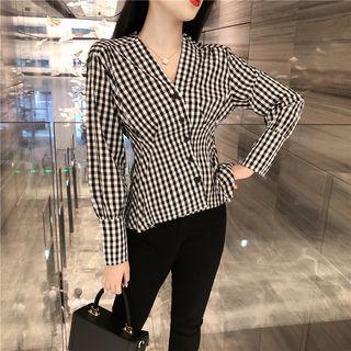 Plain V-neck Long-sleeve Slim-fit Blouse