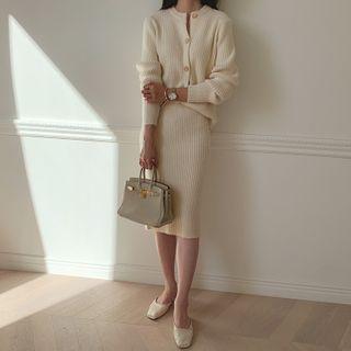 Cardigan & Skirt Woolen Rib-knit Set Ivory - One Size