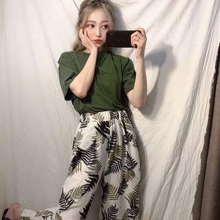 Short-sleeve T-shirt / Leaf Print Wide-leg Pants