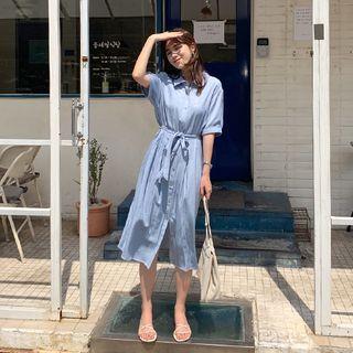 Snap-button Pleated-waist Shirtdress With Sash Sky Blue - One Size