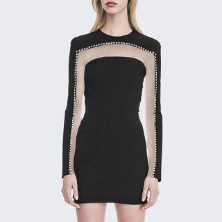 Tulle-panel Rhinestone Cutout Sheath Dress