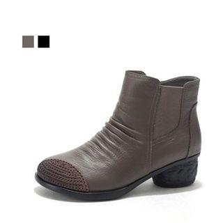 Genuine Leather Knit-trim Ankle Boots