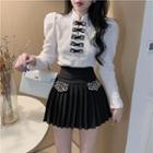Long-sleeve Embellished Bow Lace Blouse / Pleated Mini A-line Skirt
