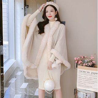 Faux Fur Trim Plain Cape Coat Almond - One Size