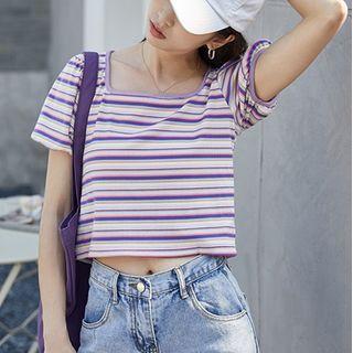Short-sleeve Square-neck Striped Cropped T-shirt