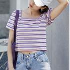 Short-sleeve Square-neck Striped Cropped T-shirt
