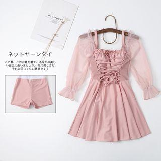 Bell-sleeve Mesh Panel Lace-up Swim Dress
